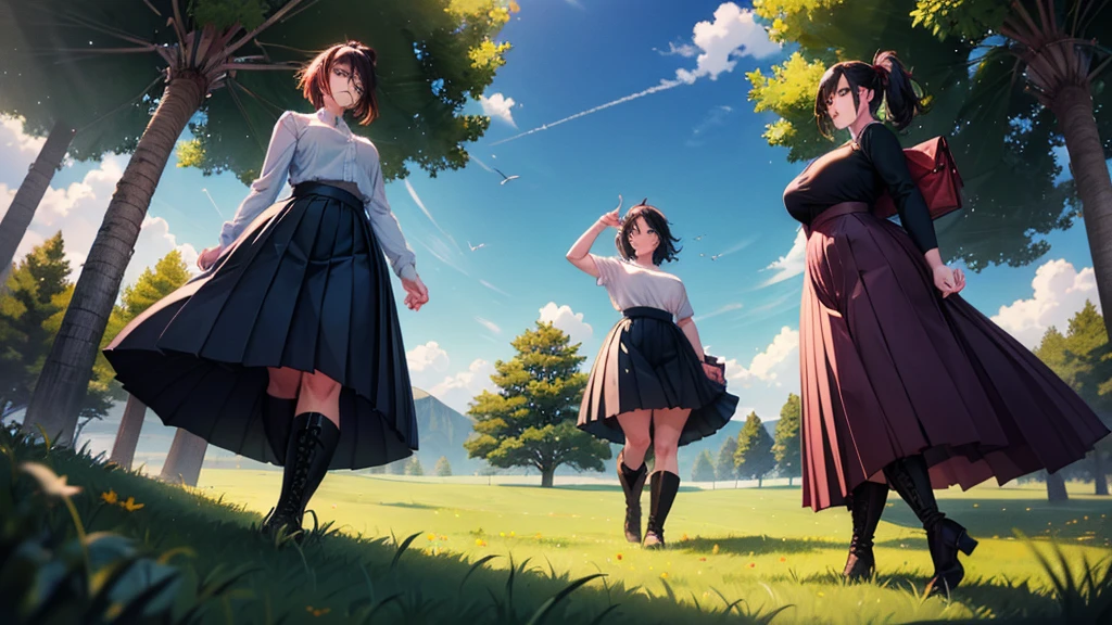 three angry women, 30 years old, thicc curvy body, wearing pleated skirt and boots, stomping the grass, viewed from below