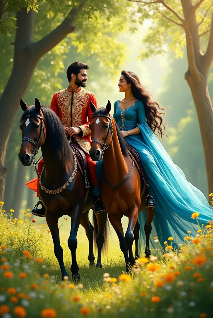 Prince Umar and Princess Aisha are both sitting on horses and walking through the forest