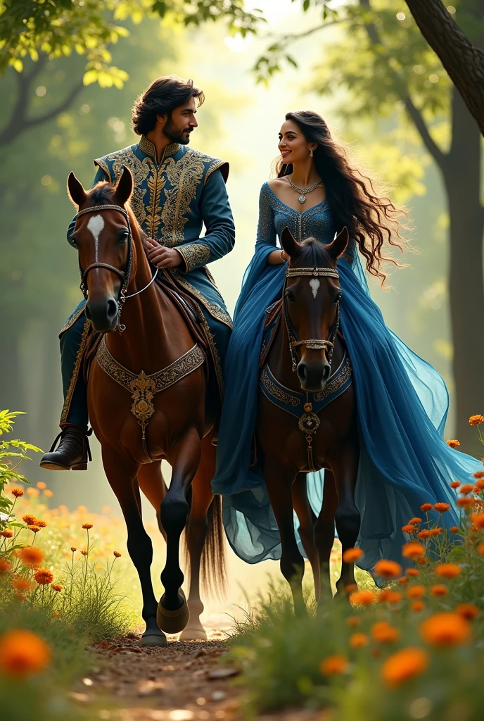 Prince Umar and Princess Aisha are both sitting on horses and walking through the forest
