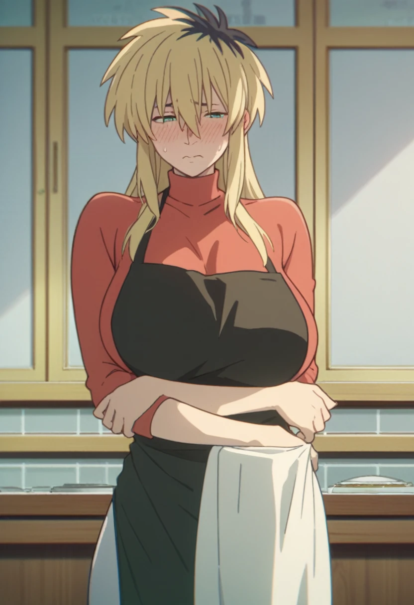 Huge breasts:1.5、Long chest、blush、Sweat、In the heat、Miyako Ishida, long hair, bangs, blonde hair, black hair, hair between eyes, green eyes, multicolored hair, two-tone hair,
apron, sweater, turtleneck, red sweater, black apron, pants, denim,A troubled, embarrassed face、Eyes half closed、Are standing、bedroom、
{Highest quality}, {so beautiful}, {Very detailed}, {Best illustrations},