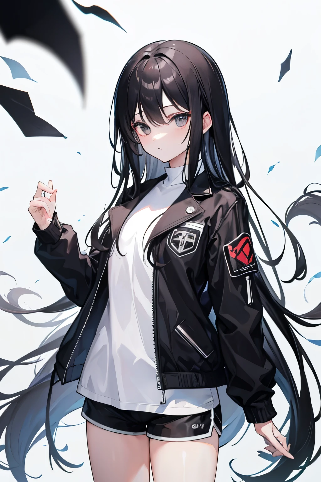 Long Black hair, white shirt, black shorts, black jacket