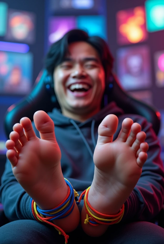 Faker League of legends player showing his Bare feet on a Desk.
Feet over the table
5 toes each feet
Faker is a professional lol player but now he is showing his feet
He's being tickled in his feet
He's laughing
He's an Asian boy
He has his toes tied with a string
His arms are behind his back because his tied
He has 20 years old
5 TOES EACH FEET