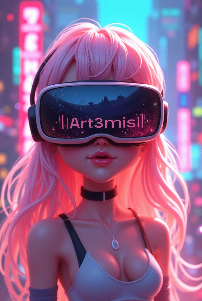 Cute and delicated female gamer character with light big pink long hair, skin fair, rosy cheeks, pink mouth, wearing VR glasses with the word Art3mis mirrored on the glasses 