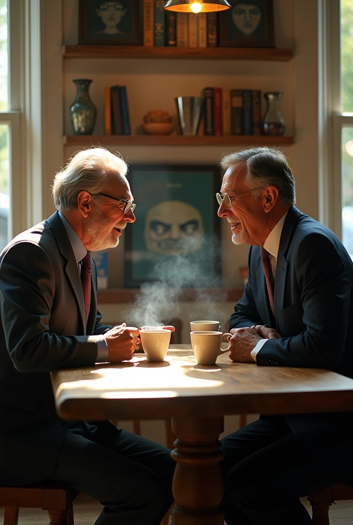 Carl Rogers and Abraham Maslow in a session discussing their theory while drinking coffee