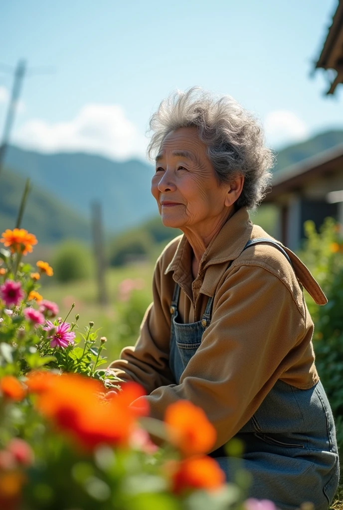 A simple, kind-hearted Korean grandmother in her 60s living in the countryside with a perm.