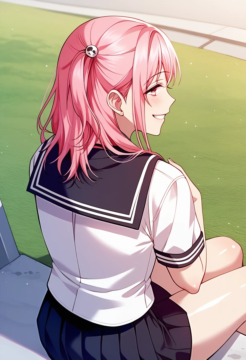 score_9, score_8_up, score_7_up, source_anime, ((mgirly)), shiny skin, 1girl, solo, grin, cowboy shot , from behind , female focus, attractive , looking back, hands on chest , sitting , honoka, one side up, pink hair, sailor uniform, black sailor collar, red neckerchief, short sleeves, outdoors