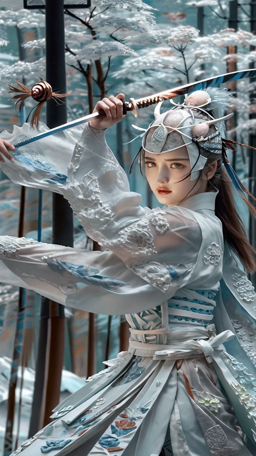 (Japanese sword &reference;Muramasa 2&reference;.2)Beautiful 27 year old woman、Japanese women、Tie your hair back、Hair ornament artist、Shinobi Costume、Warrior、Clear Eyes、{Arm tattoo(SakuraFubuki}'Back Tattoo、Warrior、(Japanese swordを両手で構える、1.3)(Japanese sword1.2)Intermediate position、In front of the body、(Holding a sword horizontally 1.3)、whole body、Long Blade Sword、Realistic battle scenes、敵Warriorの返りBlood、Blood、High resolution、Highest quality、Very detailed、8k、background、The castle is burning、Sparks fly、