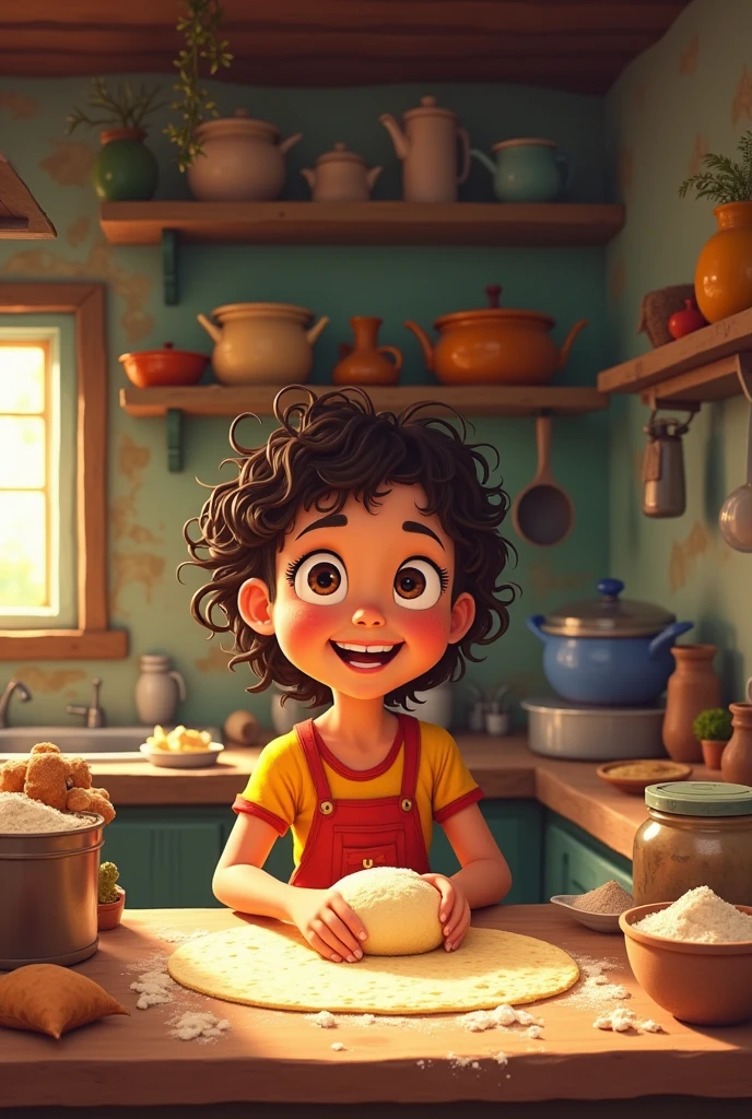 cartoon girl making a roti in poor kitchen 