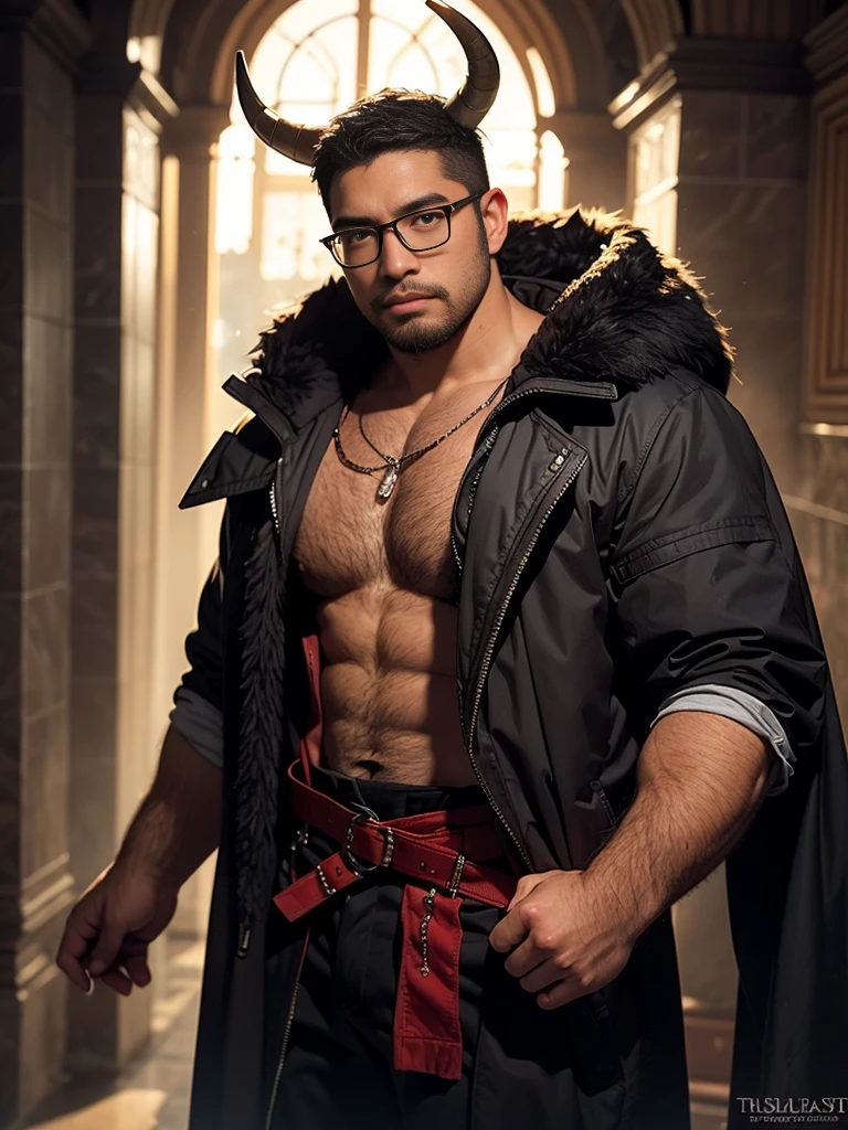 solo, crew cut, (((full body))), mature man, [slightly fat], asian man, brown eyes, rounded face, glasses, slightly balding, (((stubbles, Short beard))), (((full beard))), (Beautiful eyes:1.3), (Detailed face:1.3), a demonic Mephistopheles, detailed mustache, sharp facial features, piercing eyes, horns, dark red skin, clawed hands, flowing cloak, dark underworld setting, dramatic lighting, moody atmosphere, dark fantasy, cinematic composition, digital painting