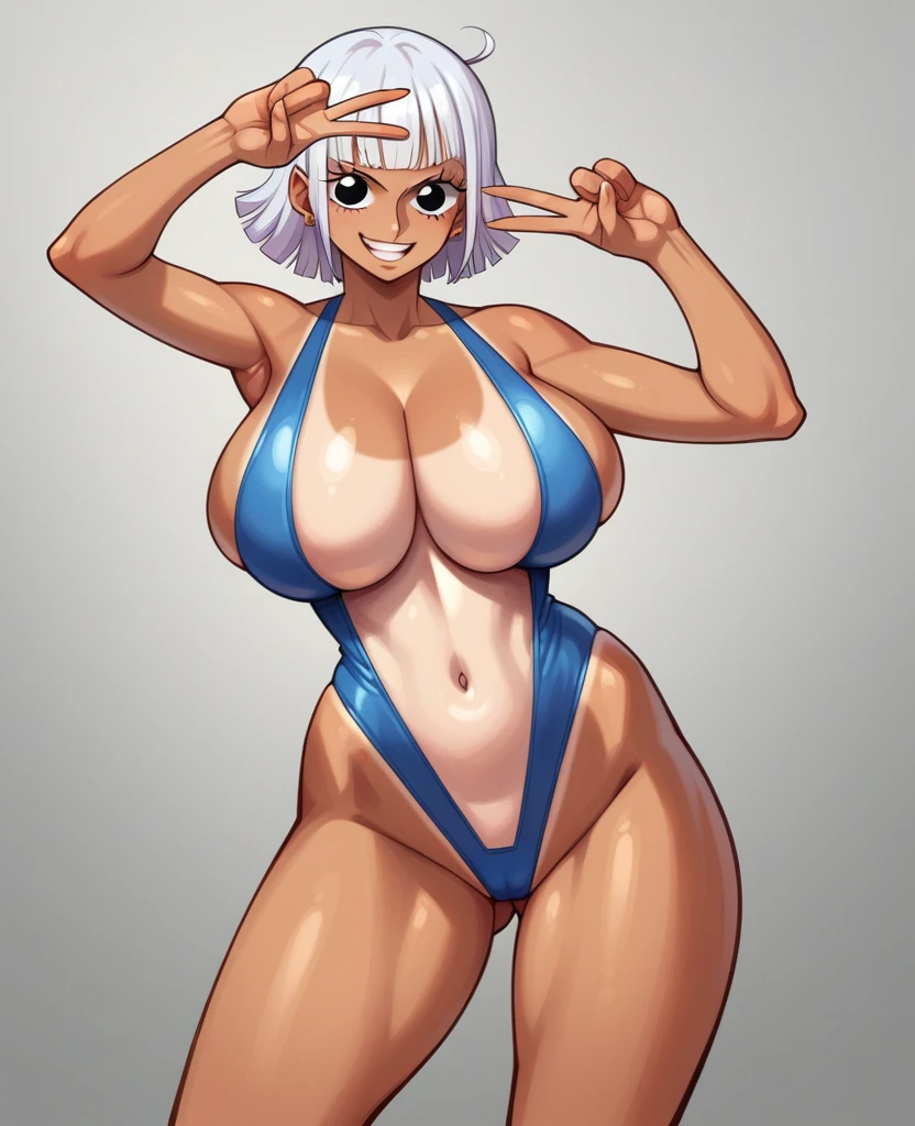 Huge breasts, tan, tanned skin, tan lines, one piece swimsuit tan lines, swimsuit, V shaped swimsuit, tiny swimsuit, exposing too much skin, exposing navel, no underwear except for ultra thin V front micro plunge., ((super thin V front micro plunge only)), ((black ultra thin V front micro plunge only))