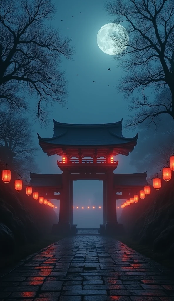 A dojo at night lit by lanterns,foggy, HD, 4K,Realistic 