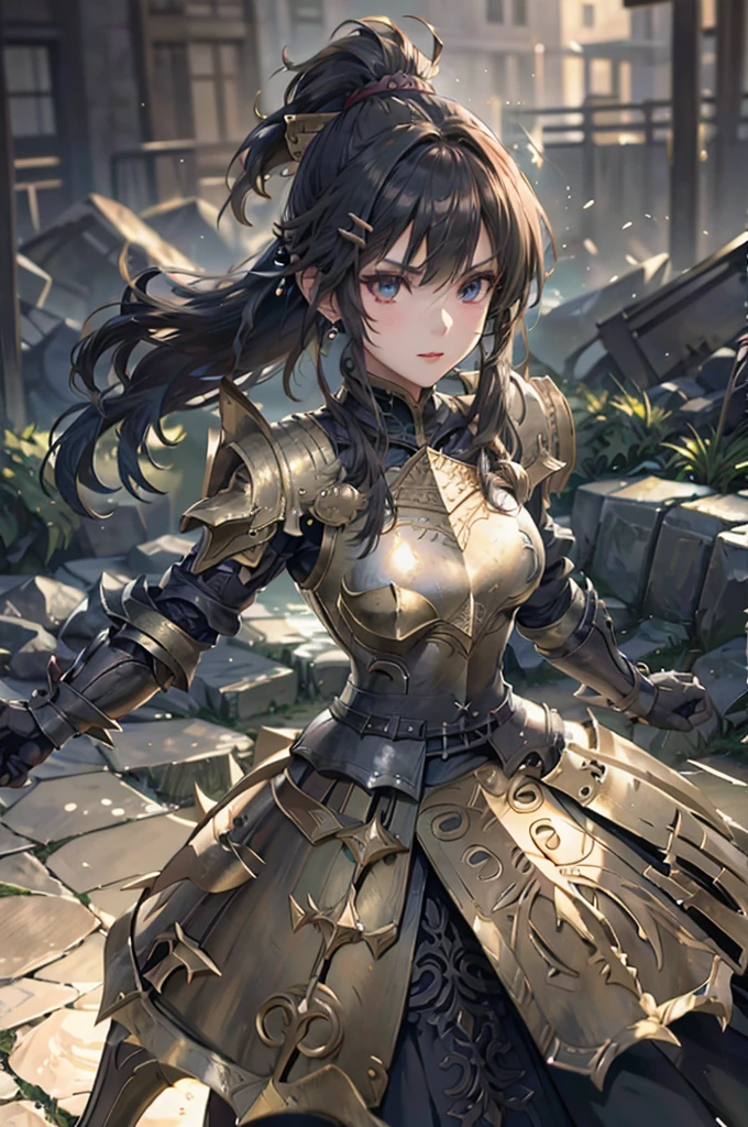 A beautiful girl in armor standing on a path near a lake, hxarmour, 1 girl, armour, (black armour:1.3), mountain, walking, big rounds breasts, intimidating look, glossy lips, dark brown hair, long bangs, long hair, ponytail, wavy hair, expressive hair, shiny hair, hairclip, glowing eyes, pupils sparkling, earrings, fangs, serious, red lips, aqua eyes, high detail, anime, Carl Larsson, anime style, depth of field, cinematic lighting, dithering, image fill, wide shot, perspective, panorama, Wide-Angle, f/1.8, 85mm, Nikon, UHD, retina, masterpiece, accurate, anatomically correct, textured skin, high details, best quality, highres, 16k