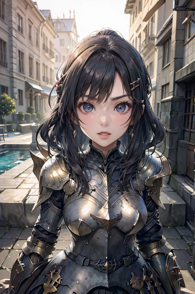 A beautiful girl in armor standing on a path near a lake, hxarmour, 1 girl, armour, (black armour:1.3), mountain, walking, big rounds breasts, intimidating look, glossy lips, dark brown hair, long bangs, long hair, ponytail, wavy hair, expressive hair, shiny hair, hairclip, glowing eyes, pupils sparkling, earrings, fangs, serious, red lips, aqua eyes, high detail, anime, Carl Larsson, anime style, depth of field, cinematic lighting, dithering, image fill, wide shot, perspective, panorama, Wide-Angle, f/1.8, 85mm, Nikon, UHD, retina, masterpiece, accurate, anatomically correct, textured skin, high details, best quality, highres, 16k