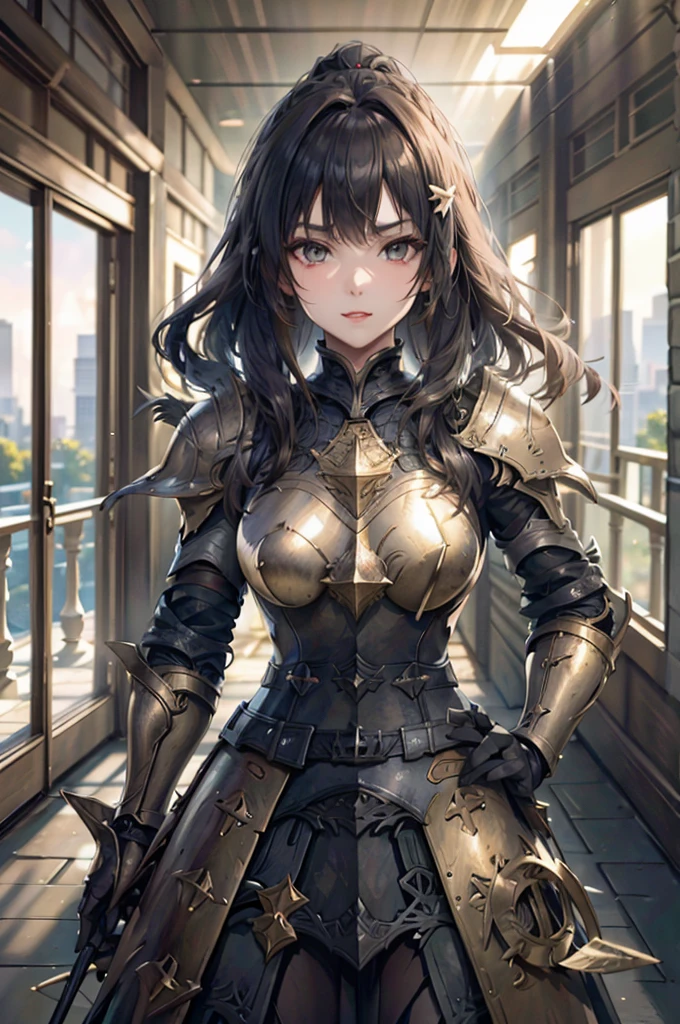 A beautiful girl in armor standing on a path near a lake, hxarmour, 1 girl, armour, (black armour:1.3), mountain, walking, big rounds breasts, intimidating look, glossy lips, dark brown hair, long bangs, long hair, ponytail, wavy hair, expressive hair, shiny hair, hairclip, glowing eyes, pupils sparkling, earrings, fangs, serious, red lips, aqua eyes, high detail, anime, Carl Larsson, anime style, depth of field, cinematic lighting, dithering, image fill, wide shot, perspective, panorama, Wide-Angle, f/1.8, 85mm, Nikon, UHD, retina, masterpiece, accurate, anatomically correct, textured skin, high details, best quality, highres, 16k