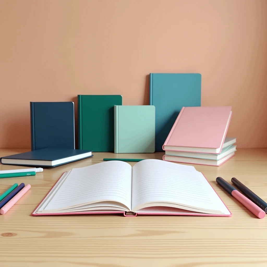 "A detailed front view of a desk arrangement showcasing a neat spread of notebooks. The desk features a smooth, light wood or white surface. On it, several notebooks with vibrant covers in colors such as deep navy, rich emerald, and soft pastel pink are artfully arranged. Some notebooks are stacked in an orderly manner, while others are open, revealing their lined pages. Nearby, a few pens and markers are casually placed, adding a touch of functionality. The background is minimalistic and clean, drawing attention to the well-organized arrangement of the notebooks on the desk."