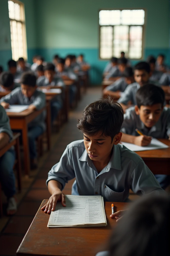 A student is sitting in the exam hall of a school in Bangladesh with the exam questions in hand. He looks very disappointed. There are 15-20 other students behind him. Their faces are not well understood.