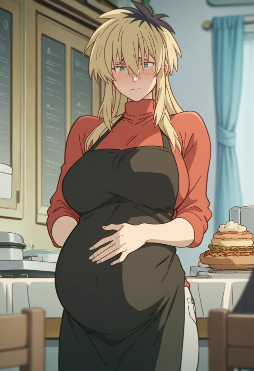 Huge breasts、Long chest、blush、Sweat、In the heat、Miyako Ishida, long hair, bangs, blonde hair, black hair, hair between eyes, green eyes, multicolored hair, two-tone hair,
apron, sweater, turtleneck, red sweater, black apron, pants, denim,A troubled, embarrassed face、Eyes half closed、Are standing、bedroom、
{Highest quality}, {so beautiful}, {Very detailed}, {Best illustrations},Pregnant women