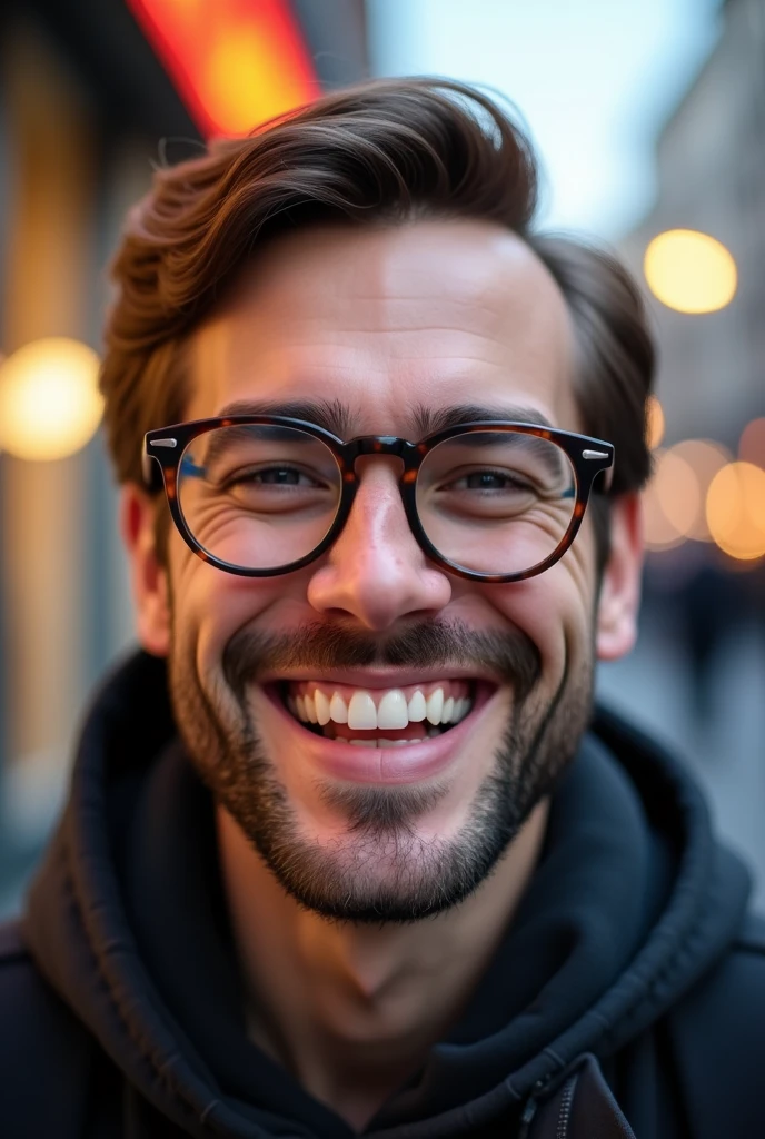 A man with straight dark blond hair and a thin dark blond beard., Round face with round glasses, You smile, holding a camera and flash in front of him.;, professional photo, professional photo, Eloymorales, professional image, 8k selfie, Professional photography, smiling for a photo, smiling at the camera, The camera flash is so bright, Professional photography, счастливо smiling at the camera, Luis Nieves Sr....., looking at the camera!!!