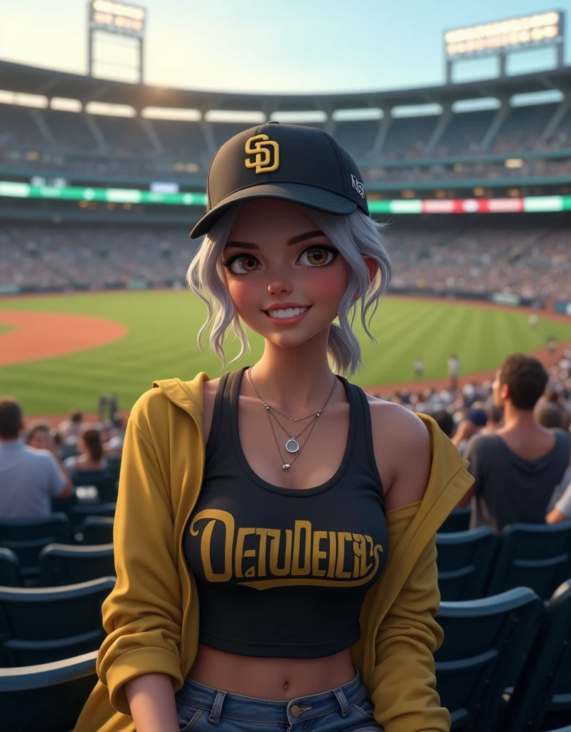 (RAW photo, best quality, masterpiece: 1.2), (photorealistic: 1.4), best lighting, 20 years old, (light gray hair, short cut, hair over ear, Symmetrical eyes, fair skin, solo, Detailed Skin, Detailed Background:1.2), FFront view, smiling, angle from field to bleachers, sitting in bleachers at baseball stadium, holding smartphone in one hand, large crowd, San Diego Padres baseball cap, open San Diego Padres uniform and black tight tank top, large breasts, accessories, hair tied back, evening