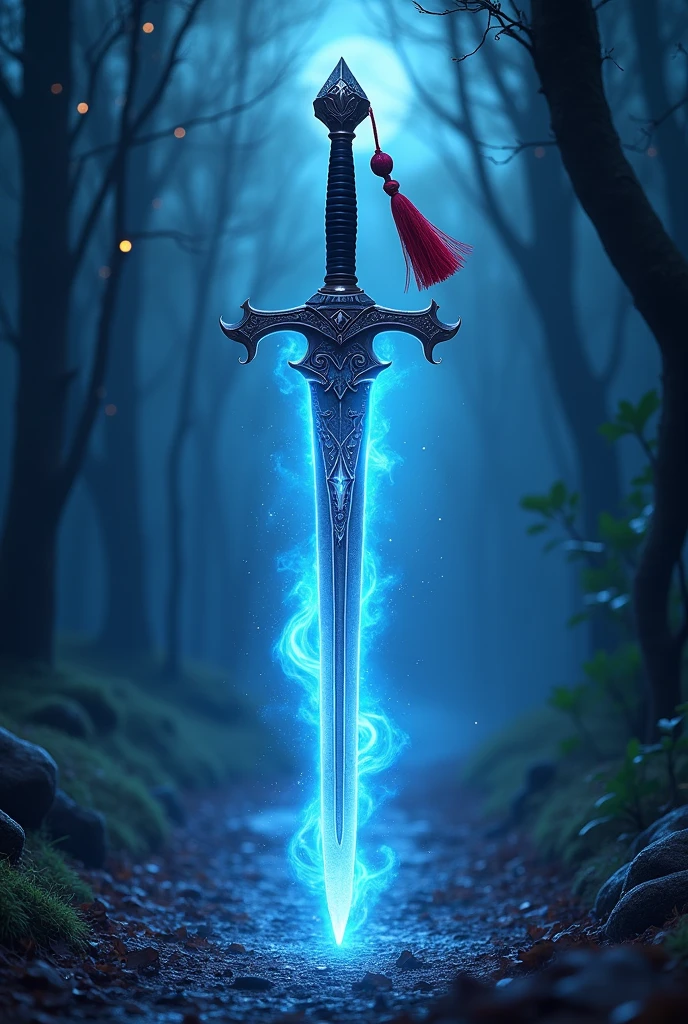 ((((magic sword with ((red tassel on the tip of handle)))))), blue aura on blade, 4k, 8k, HD, high definition, magic, mana, black handle, short handle