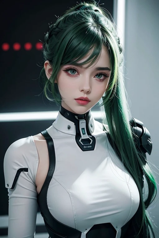 Young woman, makeup, neckline, white and black tight clothes, stands in a white room of a chemical laboratory, futuristic style, cgmech, cybernetic implants for arms and neck, green hair, mohawk hairstyle