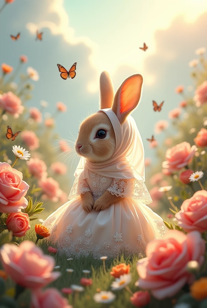 A  rabbit wearing a hijab
Wearing a wedding dress
In a floating garden of flowers
