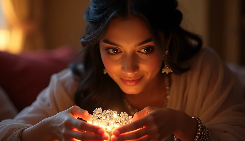 (photorealism:1.2), Close-up of Meera unwrapping the delicate silver bracelet gifted by Arjun
