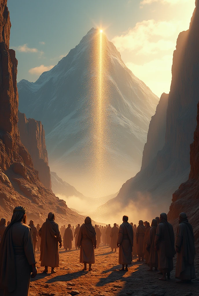 (Photorealism:1.2) The Israelites and Mount Sinai, Manna from God,Manna like dew at dawn, manna like pearls, Manna from heaven falls like rain.