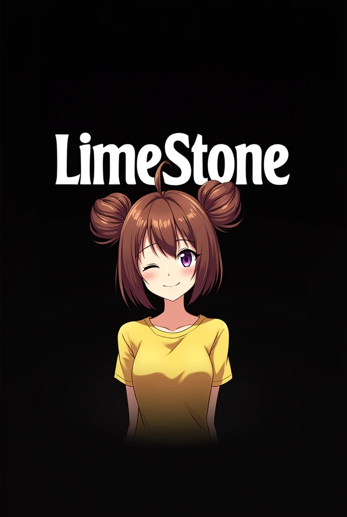 Gamer Logo , Written "LimeStone" , black background , White styled font , Anime girl , brown hair colour , hair bun style , yellow T-shirt , purple eyes , empty eye lens , uncaring eye , smile 
