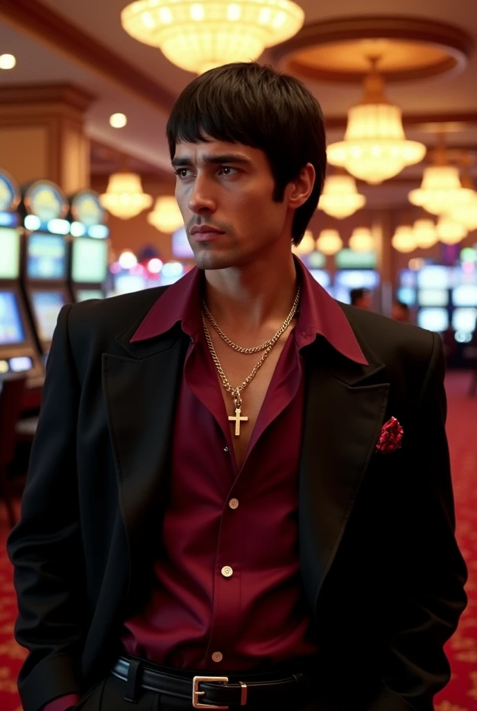 Create Scarface from the movie wearing a burgundy shirt and a black jacket., with a thin twisted chain, with a small gold cross , in a casino