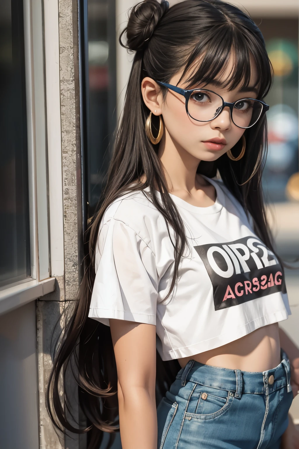1girl, (skinny body), (flat chest:1.2),long hair with 2 buns and bangs,wearing glasses, cropped white t-shirt printed with big letters, portrait,earrings