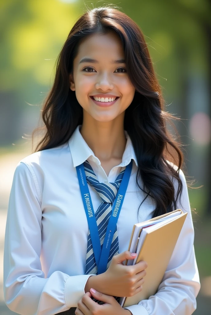 (Masterpiece),(complication:1.3),(The most realistic),((not revealing or provocative)),(Dress appropriately and neatly.),(A student), A portrait of a woman, 18 years old, beautiful face, beautiful faceแบบไทย ,long black hair ,smiling and happy, holding a notebook, ((wearing a white long-sleeved collared shirt)), ((Wear a blue lanyard with white lettering that says "kalasin Vacational School")), ((Wear a blue tie , The necktie has a diagonal stripe pattern with blue lines running along the length of the tie.)) Dressed simply,warm light, weak sunlight, professional photographer for detailed photos, Have clarity, dramatic, Awarded first prize, Cinematic lighting, (film grain,A blurry background, Blurred background, bokeh, depth of fied)
,(Children under 18 years old can watch.)