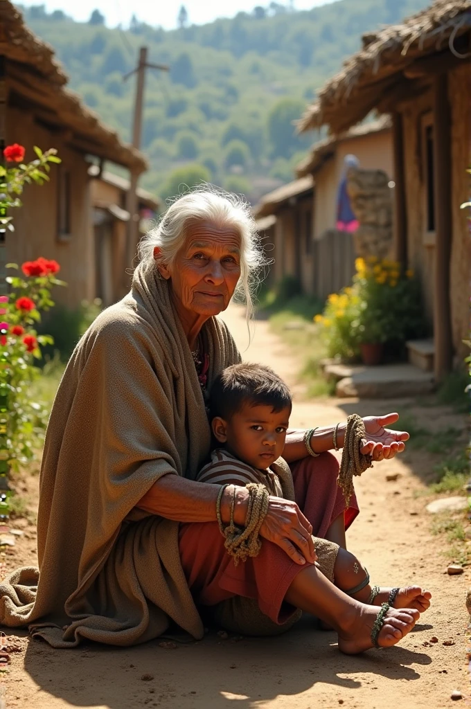 Imagine old poor women with hear child begging in village 