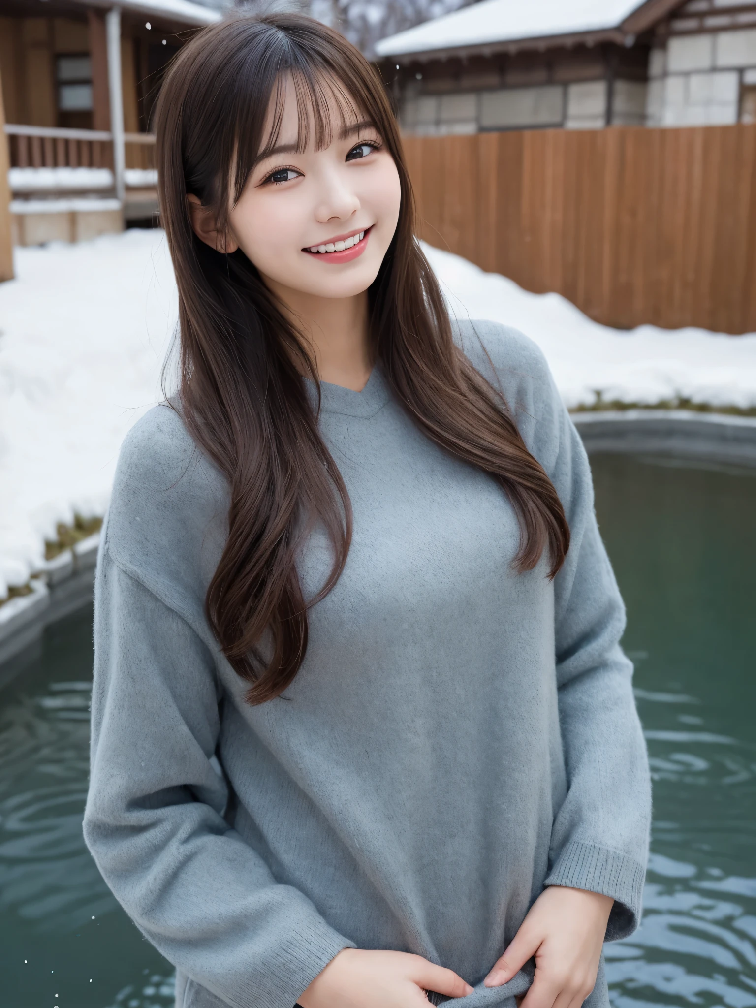 1girl, solo, highres, best_quality, masterpiece, detailed_background, intricate_details, beautiful, hokkaido, noboribetsu, hot_springs, winter_clothes, serene, smile, looking_at_viewer, dynamic_pose, natural_pose, candid, happy