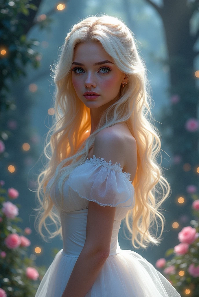 Cinderella, (masterpiece), Best Quality, (transparent), expressive eyes, Perfect face with naked body showing her pussy.platinum ruby hair ,long and semi-wavy.