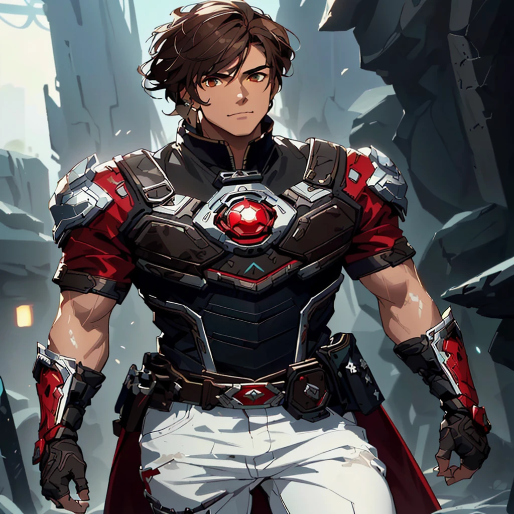 A late- prince with medium-length brown hair, brown eyes, Caucasian, muscular build, bare biceps, red and black shirt, futuristic silver cuirass, white pants, red and black boots, fingerless gloves, masterpiece, best quality, (extremely detailed CG unity 8k wallpaper), (best quality), (best illustration), (best shadow), absurdres, realistic lighting, (Abyss), beautiful detailed glow, art by PeterMohrBacher,