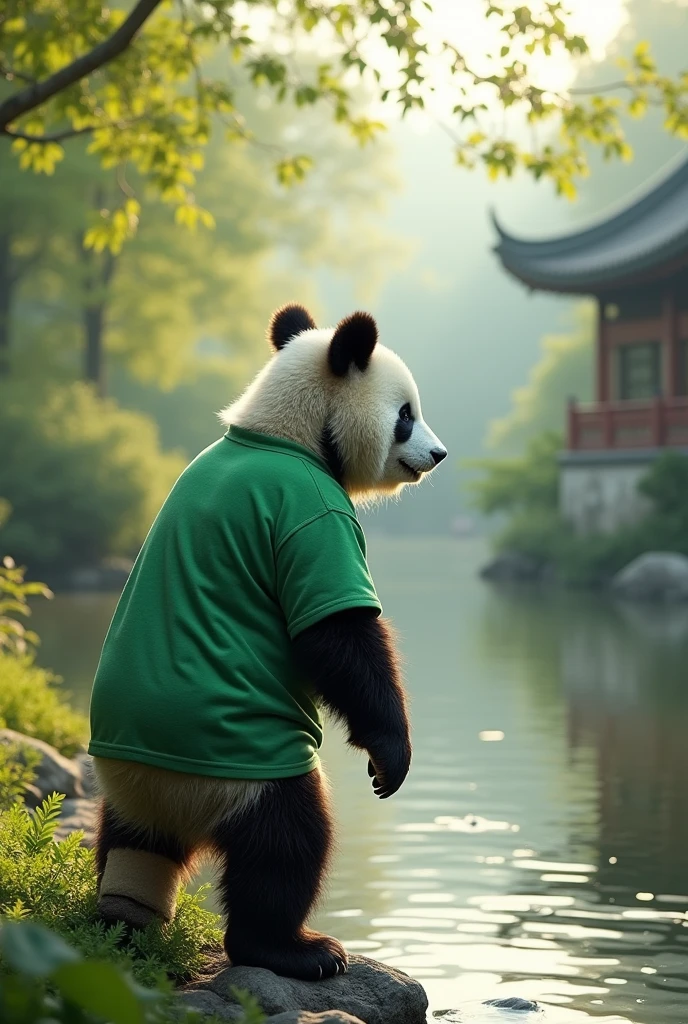 A panda wearing a green shirt with an injured leg,Standing by the river,Facing the river,Fear of crossing the river,Cute realistic style,Chinese style in the background