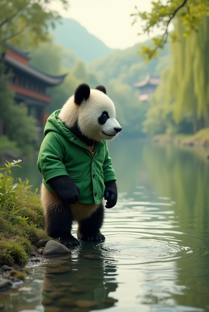 A panda wearing a green shirt with an injured leg,Standing by the river,Facing the river,Fear of crossing the river,Cute realistic style,Chinese style in the background