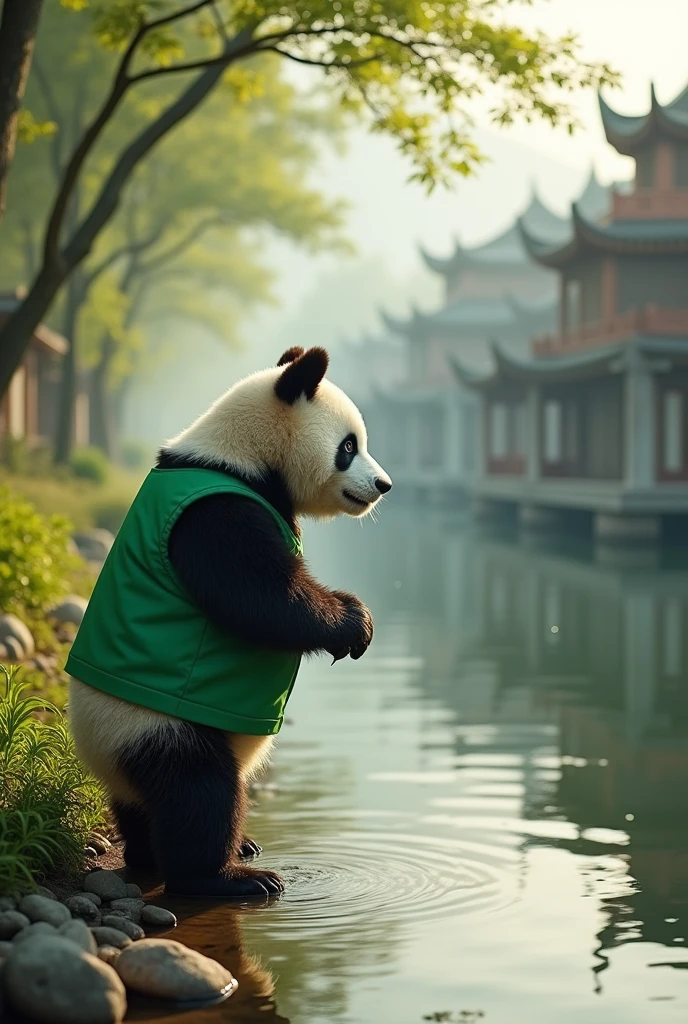 A panda wearing a green shirt with an injured leg,Standing by the river,Facing the river,Fear of crossing the river,Cute realistic style,Chinese style in the background