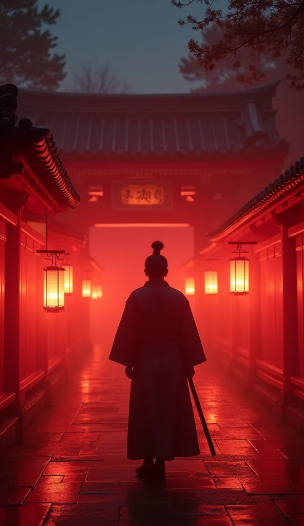 A dojo at night lit by lanterns,foggy and red with smoke, HD, 4K,Realistic 
