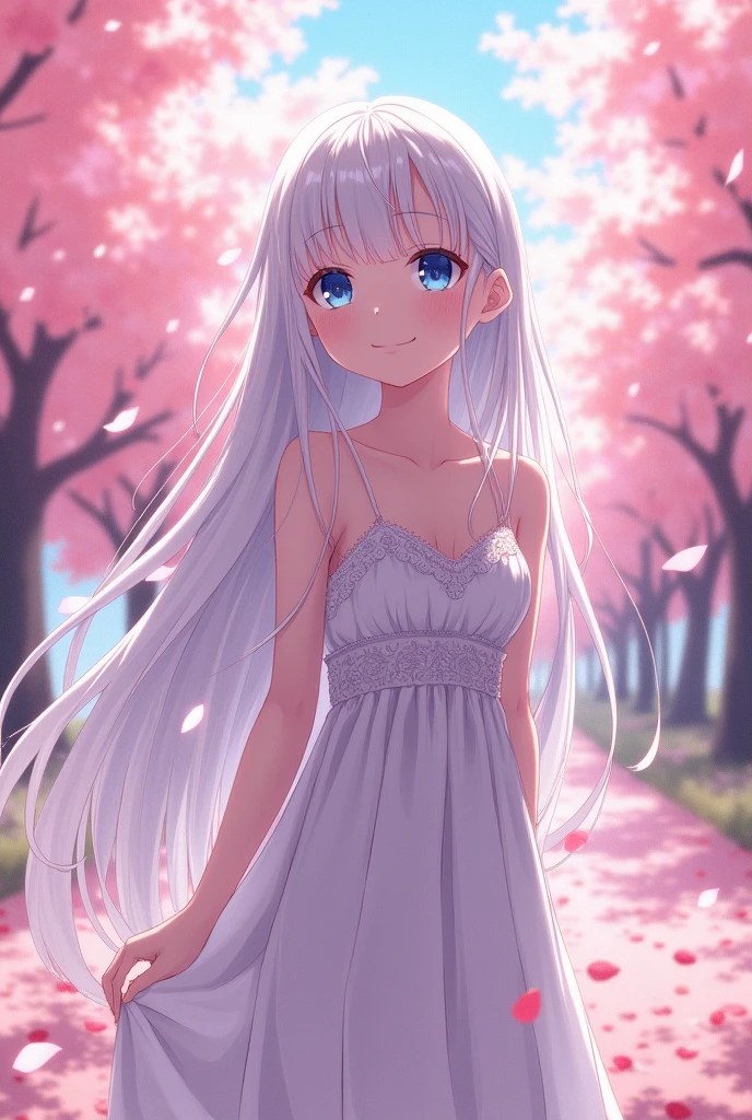 An anime girl with long white hair and blue eyes