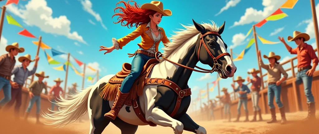 an image of a cowgirl riding a pinto horse inside a rodeo, skillfully taming it. The cowgirl has red hair with loose curls, and she wears a fringed vest, a belt with a large buckle, and cowboy boots. The horse is agile and sleek, with black and white spots and a short, straight mane. The scene is set inside a rodeo, with an atmosphere full of tension and energy as the cowgirl controls the horse. The image is in anime style, with vibrant colors and dynamic expressions, capturing the excitement and movement of the moment