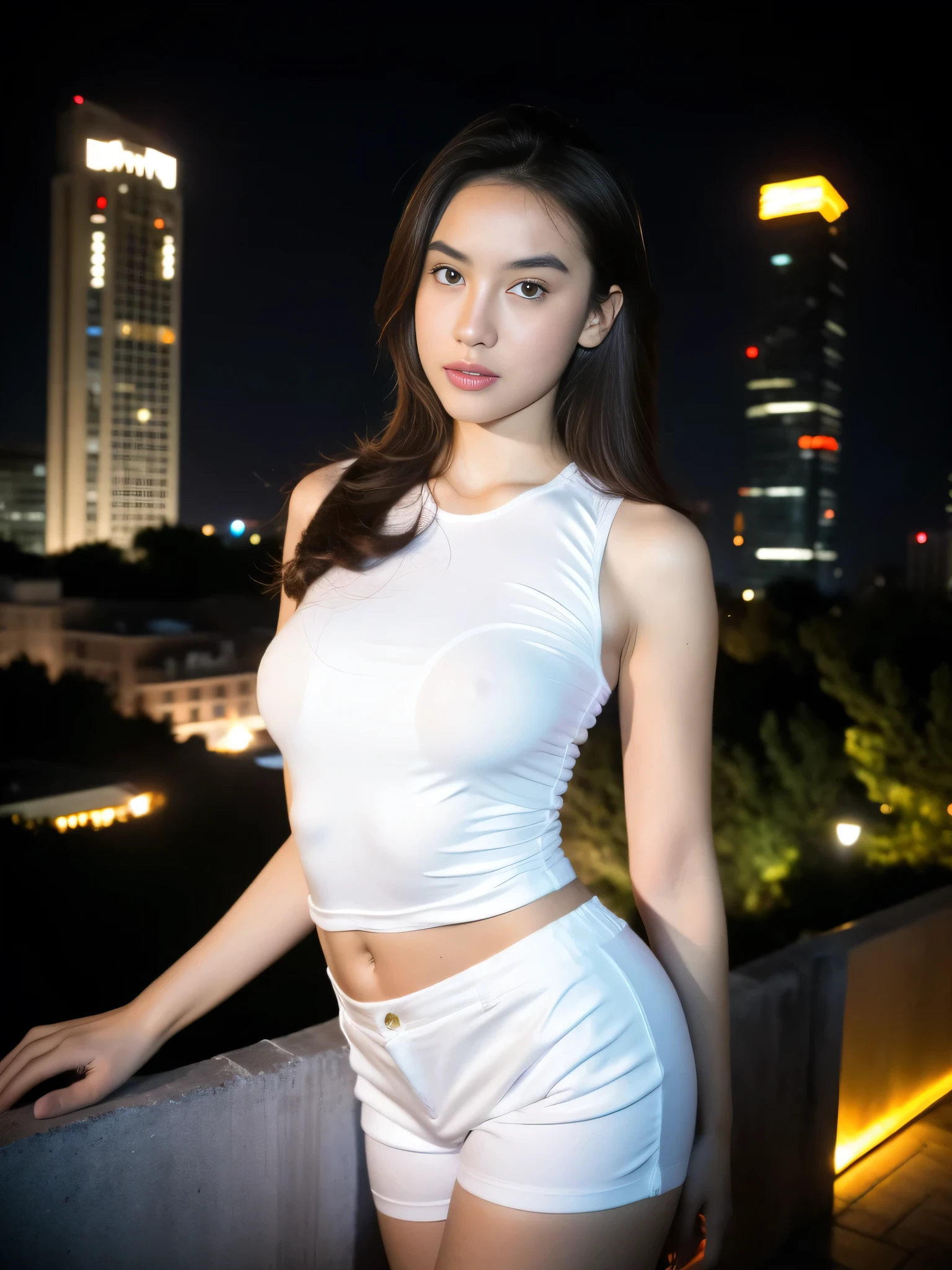 1girl, (uniform), standing, outdoors, night view, detailed Metropolitan city at the background, (above head shot: 1.4), detailed face, detailed eyes, brunette, big breasts, smooth realistic skin, semi-curvy body, red tanktop, thin white hot pants, looking at the audience, (8k, RAW photo, best quality, masterpiece: 1.2), (realistic, realistic: 1.37), ultra-high resolution