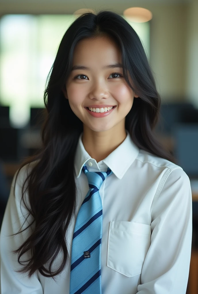 (Masterpiece),(complication:1.3),(Realistic),Portrait of a woman,Small and cute,18 years old,Has a delicate and beautiful Thai face,long black hair,Big eyes,Blue eyes,smiling,be happy,(Wear a white long-sleeved shirt with a light blue tie alternating with dark blue, but the dark blue is less than the light blue.(The tie has only two colors, no other colors are mixed, and it has a single waterline.)The college logo is next to the tie label),Wear a short skirt,Wear a blue student ID card strap with the college name on the strap, written as(Khon Kaen Vocational College),Look ahead,Passed through her computer,(In a computer room),warm light,Showing some sunlight,Professional photographer in capturing detailed images of young women,Have clarity,dramatic,Awarded globally,Cinematic lighting,(film grain,Blurred background,Blurred background,bokeh,depth of field)