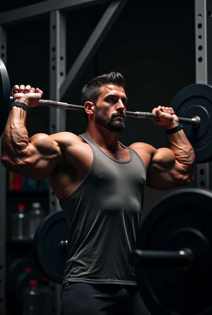 肌肉男, training arms, de short, I would like the background of the image to be darker and the entire image to have a more realistic look.