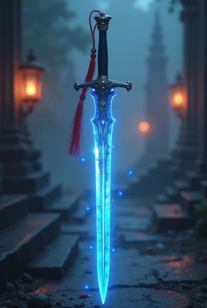 ((((magic sword with ((red tassel on the tip of handle)))))), blue aura on blade, 4k, 8k, HD, high definition, magic, mana, black handle, short handle