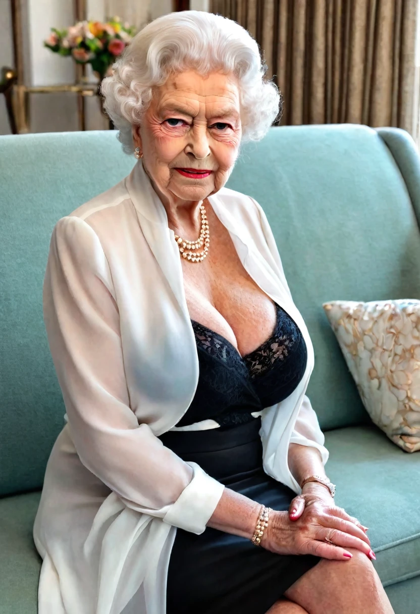 (gorgeous queen elizabeth 80yo ), (huge saggy breast:1.6),  (dressed for a party with elegant white chiffon shirt:1.4), (black skirt), (sitting on sofa), lipsticks