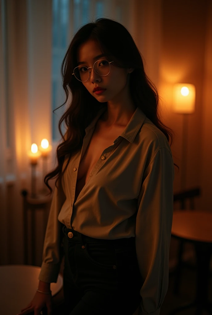 Pictures of beautiful young women from Korea with big breasts, wearing an open shirt,a woman in black panties with glasses, with a background inside a room at night