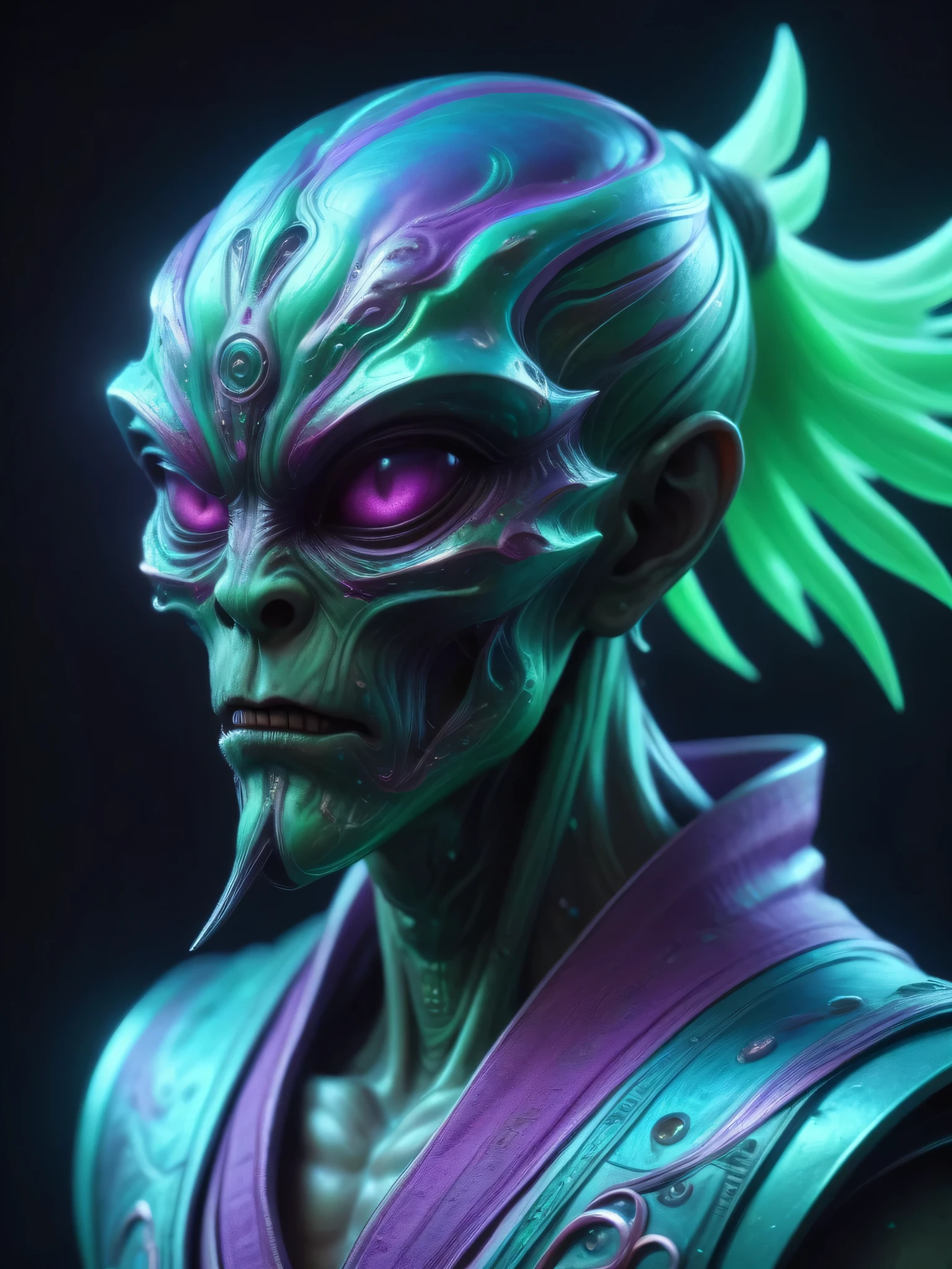 a large luminous brother samurai with elegant cryptidcore style, neon green and purple color, anaglyph filter, hyperrealistic, 8k, ultra-detailed, (best quality:1.2), (realistic:1.37), cinematic lighting, concept art, by Marek Okon and dan mumford,