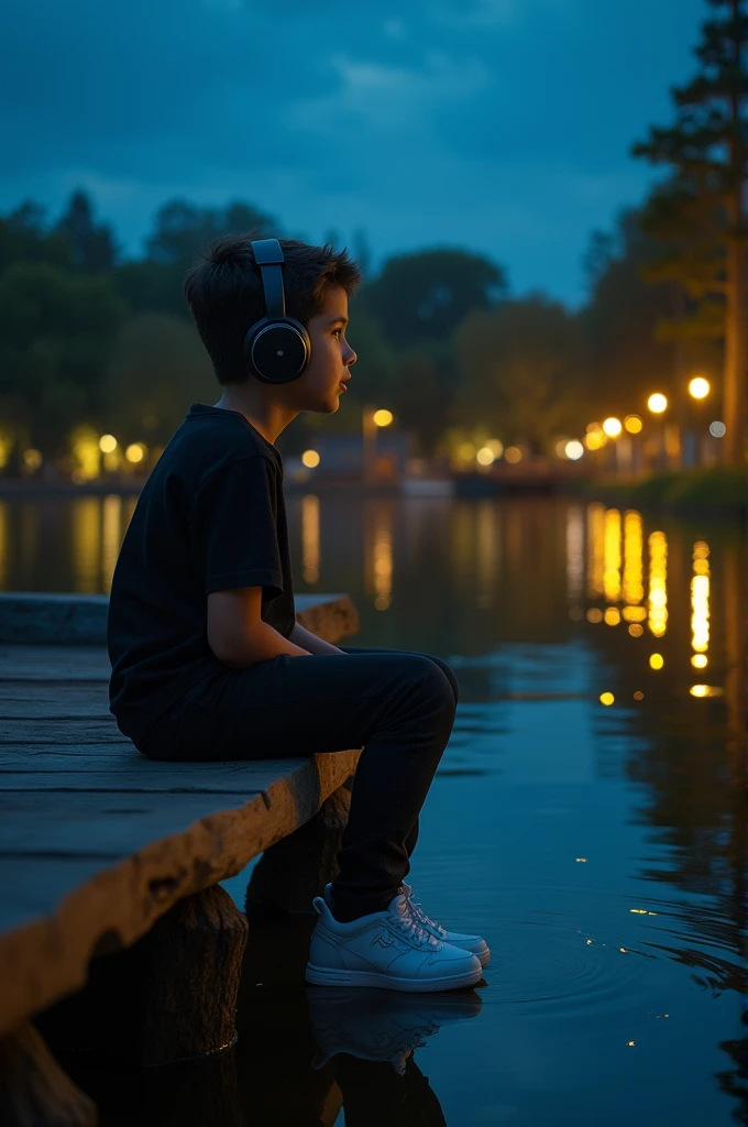 a boy is sit on side of a pond bench and he wear headphone and black t-shirt and black paint and white shoes,in night, some yellow light are coming on water of pond